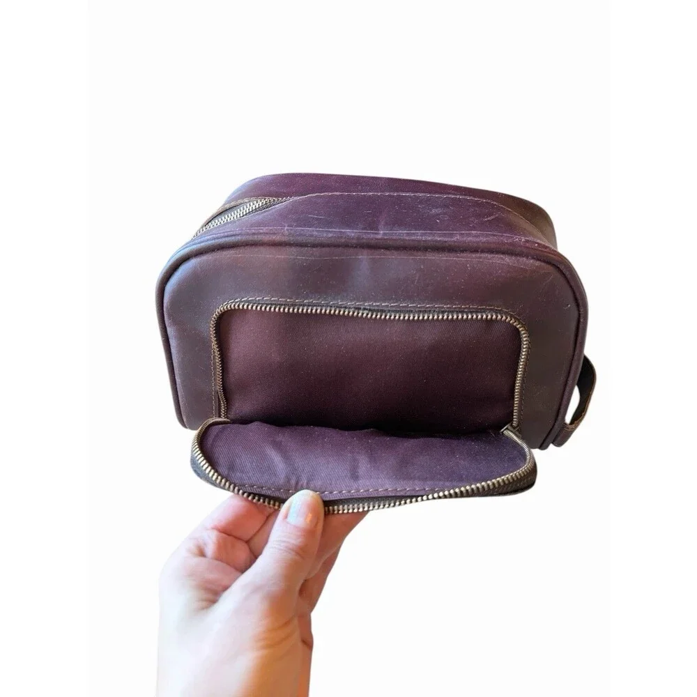 New Brown Leather Men's Toiletry Shaving Bag Metal Zippers Distressed Retro